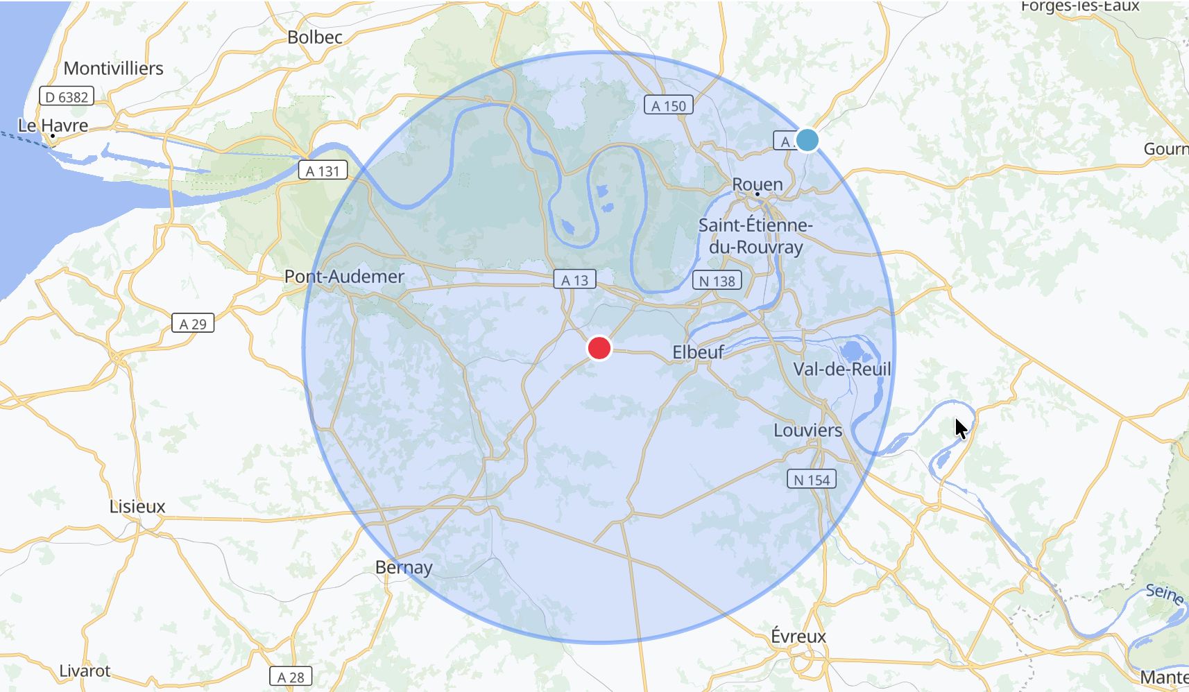 Carte du rayon de 30 km autour de Grand Bourgtheroulde pour la livraison gratuite